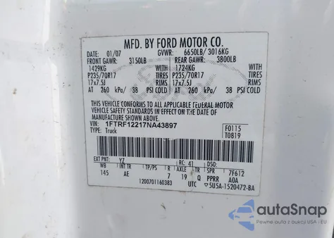 2007 Ford F-150 Stx/Xl/Xlt from USA, damaged, VIN 1FTRF12217NA43897